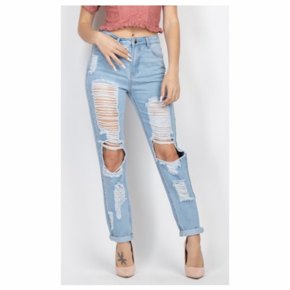 DENIM BLVD High Rise Ripped Mom Jeans - Picture 15 of 15